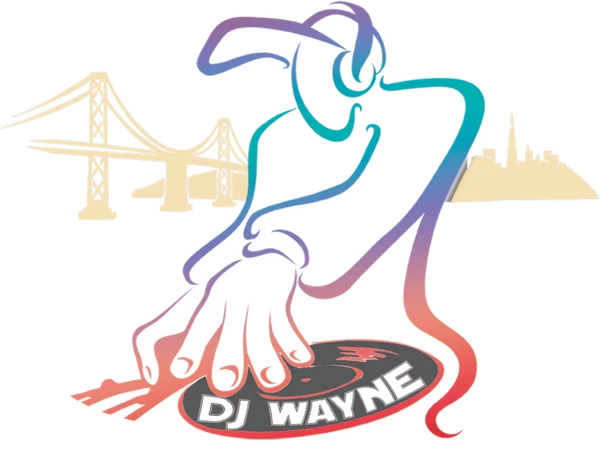 DJ Wayne logo: a DJ drawn in one flowing line of color leans over a record, with the Bay Bridge and the San Francisco skyline behind