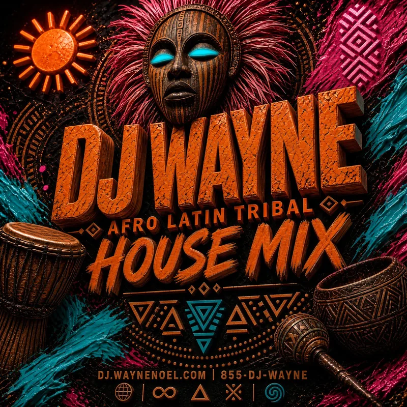 Cover art for DJ Wayne Noel's Afro Latin Tribal House mix: a carved wooden mask crowned with pink feathers above the words DJ Wayne, Afro Latin Tribal House Mix, with hand drums and a shaker in orange, pink and teal