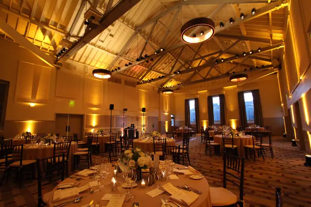 Reception room at Cavallo Point set for dinner with Wayne's DJ booth against the far wall