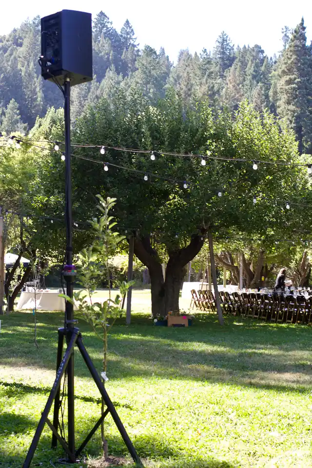 Dawn Ranch apple orchard with string lights, a speaker on a stand and dinner tables set under the trees
