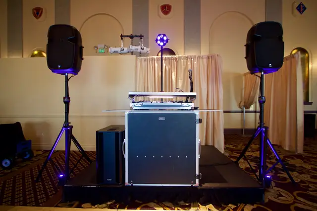 Close view of Wayne Noel's DJ booth, speakers and subwoofer set up at the Marines' Memorial Club in San Francisco