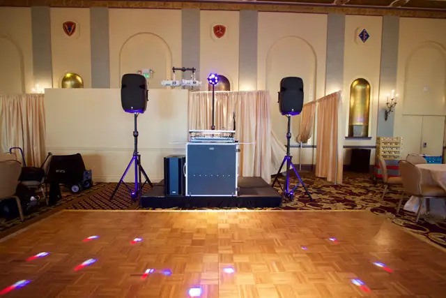 Dance floor lighting patterns on the parquet floor in front of Wayne Noel's DJ rig at the Marines' Memorial Club in San Francisco