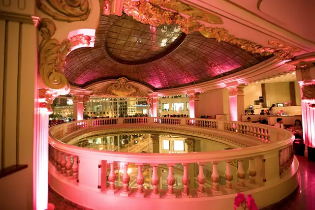 The Rotunda at Neiman Marcus in San Francisco with pink uplighting on a gilded dome, columns and a curved balustrade
