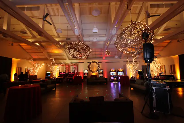 Dance floor at Solage in Calistoga with floor lighting, uplit walls and DJ Wayne Noel's speaker