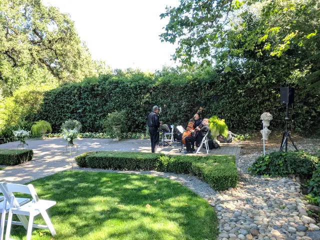 Ceremony terrace at The Madrona with live strings playing in front of a tall hedge and a speaker on a stand