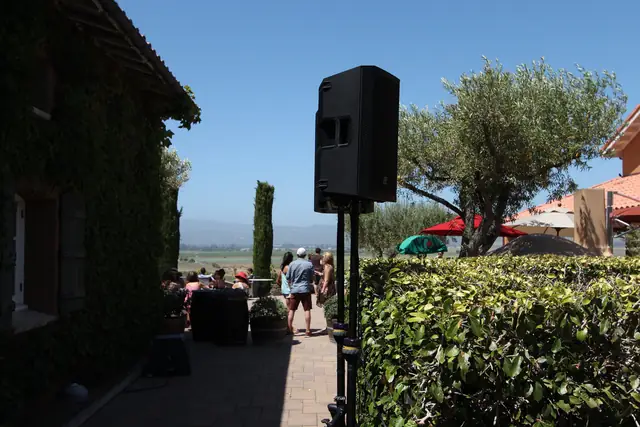 Speaker on a stand overlooking the patio and valley view at Viansa Winery